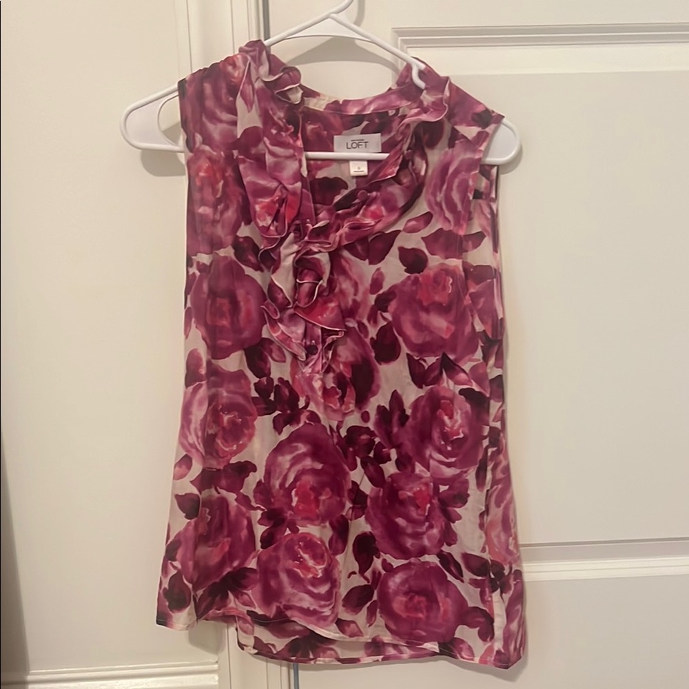 LOFT Pink Ruffled Sleeveless Blouse with Mandarin Collar